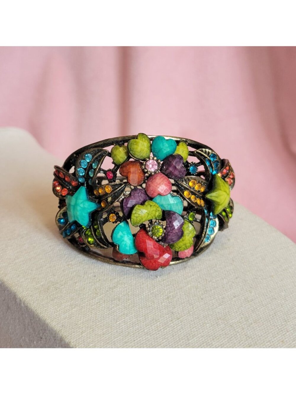 Vintage Look Multicolor Rainbow Rhinestone Flower Garden Hinge Cuff Bracelet B1A